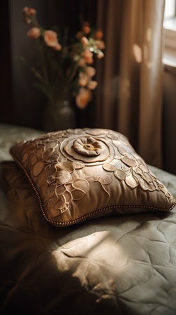 Luxury pillow on the bed in the morning. Soft focus.の素材