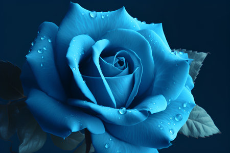 Blue rose with water drops on dark blue background. Close up.の素材