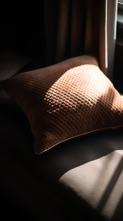 Beautiful pillow on the bed in the morning light. Selective focus.の素材