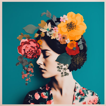 beautiful asian woman with flower wreath on head and butterfliesの素材