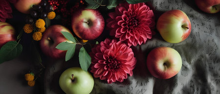 Red and green apples with dahlia flowers and berries on dark backgroundの素材