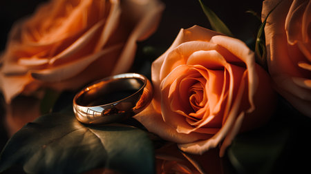 Wedding rings on a background of orange roses. Selective focus.の素材