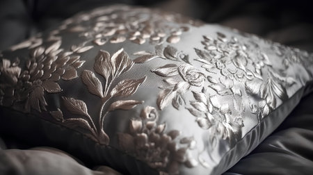 Close up of a luxury pillow with floral pattern in sepia toneの素材