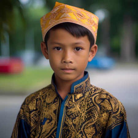 Portrait of asian boy wearing traditional thai costume in the parkの素材