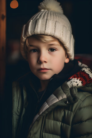 Portrait of a cute little boy in a winter hat and jacketの素材
