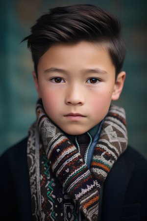 Portrait of a cute little boy with a scarf on his neckの素材