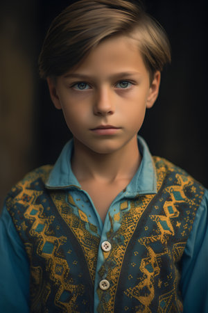 Portrait of a boy in a blue shirt and waistcoat.の素材