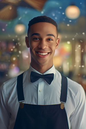 smiling african american man in suspenders and bow tie at barの素材
