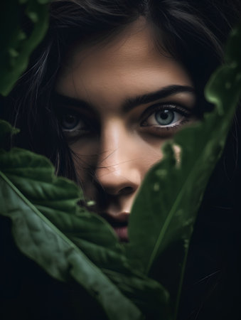 Portrait of a beautiful young woman with green leaves. Beauty, fashion.の素材