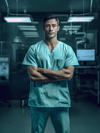 Portrait of a handsome male doctor standing with arms crossed in a hospital.の素材