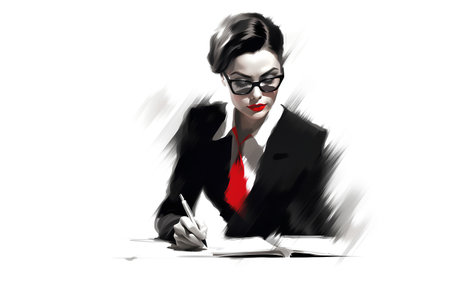 Vector illustration of a business woman writing on a piece of paper.の素材