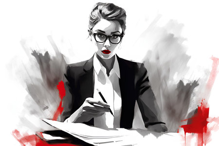 Portrait of a beautiful woman in a black suit and glasses.の素材