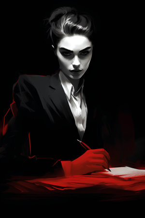 Fashion illustration of a young man in a black suit and a red tie.の素材
