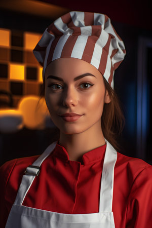 Portrait of a beautiful young woman cook in a red uniform.の素材