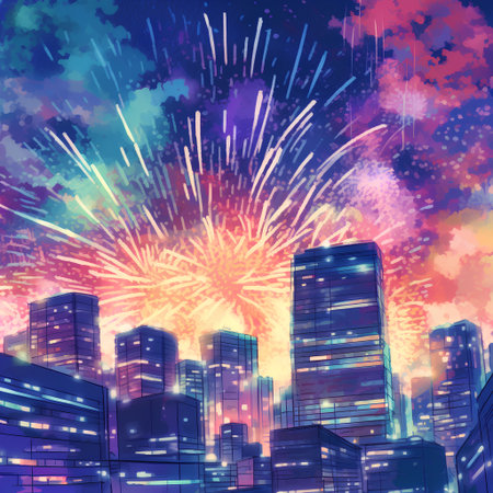 Fireworks over the city at night. Vector illustration. Eps 10の素材
