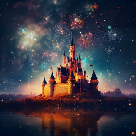 Magic fairy tale castle with fireworks in the night sky over the lakeの素材