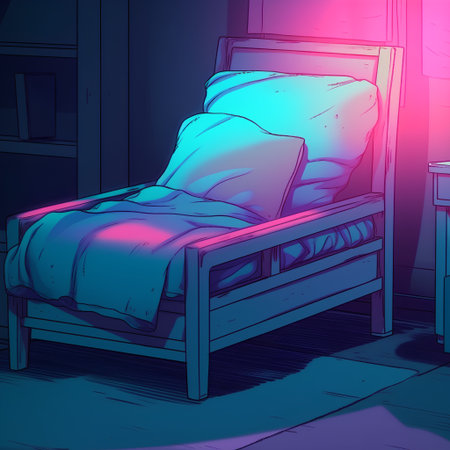 Illustration of a bed with pillows in a dark room with a neon lightの素材