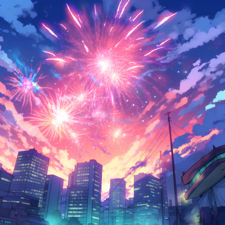 Fireworks over the city at night. Vector illustration. Eps 10の素材