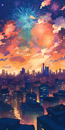 Cityscape with fireworks in the sky at night. Vector illustration.の素材