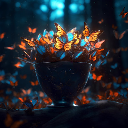 Beautiful butterfly in a vase on a dark forest background.の素材