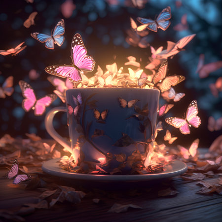 Cup of tea with beautiful butterflies on the bokeh backgroundの素材
