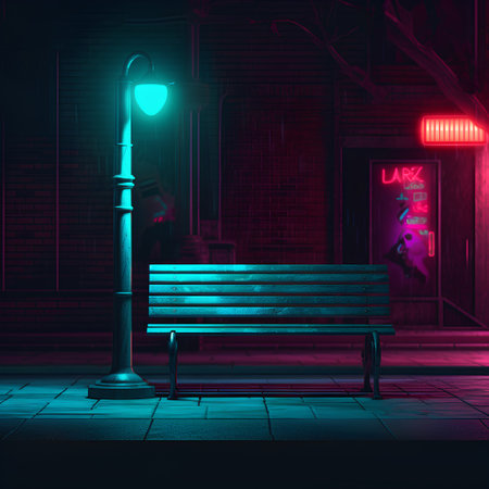 Empty bench in the night city. 3D rendering. Neon lights.の素材
