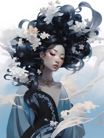 Beautiful girl with flowers in her hair. Fashion illustration of a beautiful girl.の素材