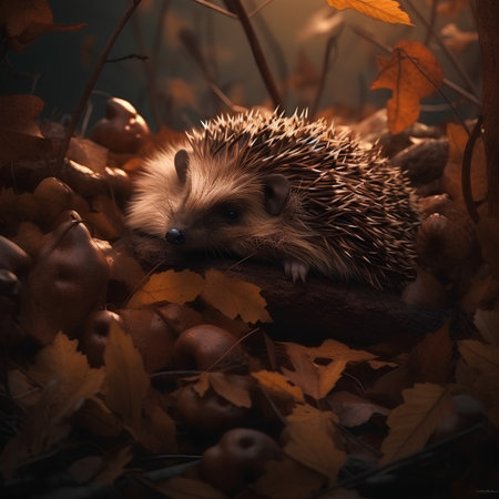 Hedgehog in the autumn forest among fallen leaves and berries.の素材