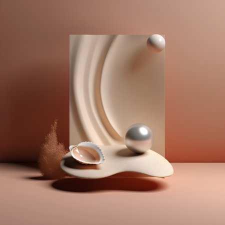 3d render, abstract composition with pearls, podium and wavesの素材