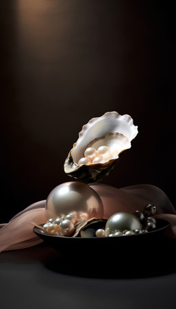 Oysters and pearls in a shell on a dark backgroundの素材