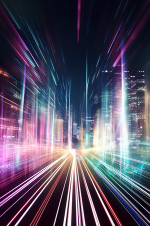 Futuristic city with high speed motion blur and light effects.の素材