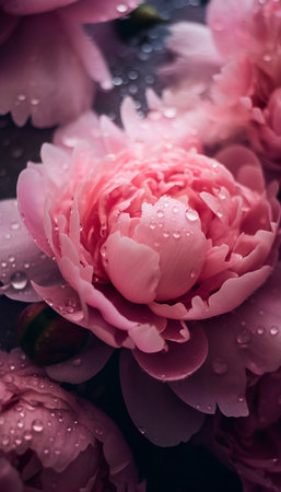 Beautiful pink peony flowers with water drops on dark background.の素材