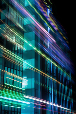 Abstract background of modern skyscrapers with luminous lines. 3d renderingの素材
