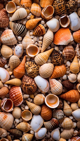 Seashells background. Sea shells background. Top view.の素材