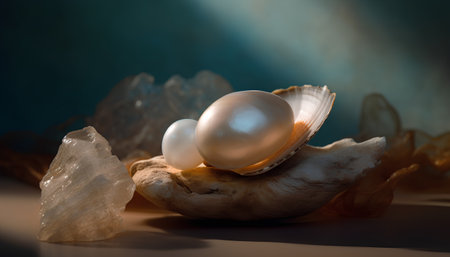 White pearls in a shell on a dark background. 3d renderingの素材
