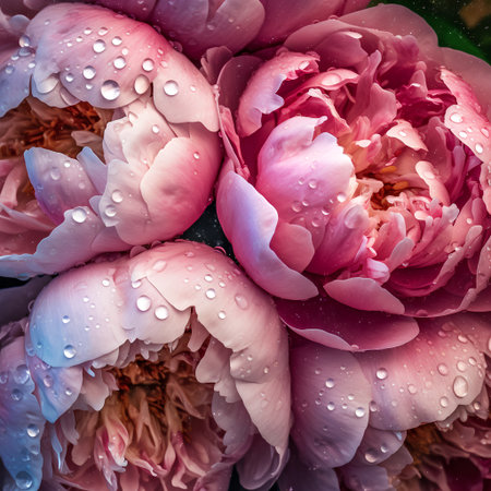 Beautiful peony flowers with water drops. Floral background.の素材
