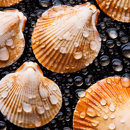 Seamless pattern of seashells with water drops on black backgroundの素材