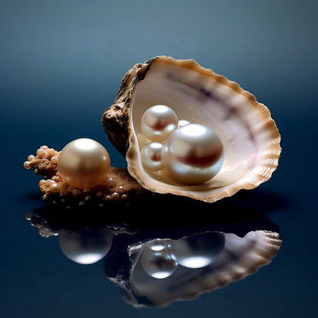 pearls and oyster on a dark blue background with reflectionの素材