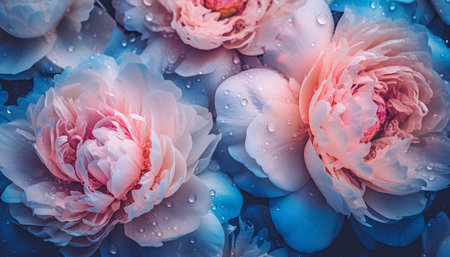 Beautiful peony flowers on blue background. Floral background.の素材