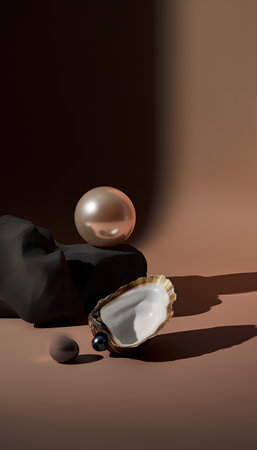 Pearl and oyster on brown background. 3d render.の素材