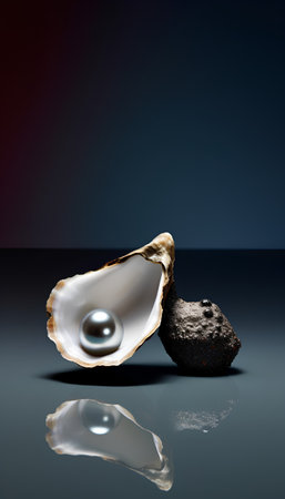 Opened oyster shell and pearl on a dark background with reflectionの素材