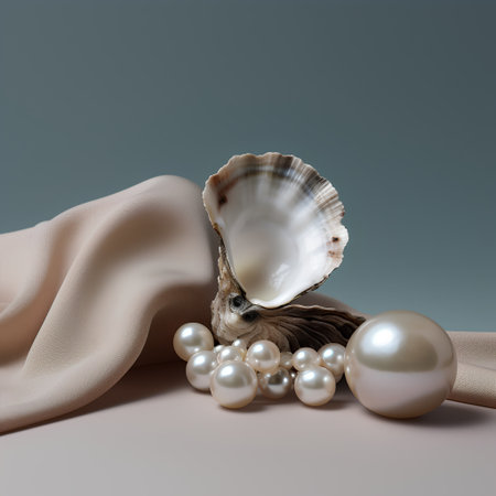 Pearl necklace and shell on beige silk fabric. 3d renderingの素材