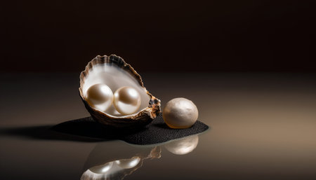 Pearl and oyster shell on a dark background with reflection.の素材