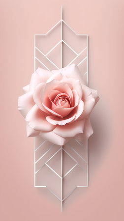 Pink rose on a white metal lattice with a metal frame on a pink background.の素材