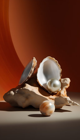 Pearl and oyster shell on a stone. 3d renderの素材