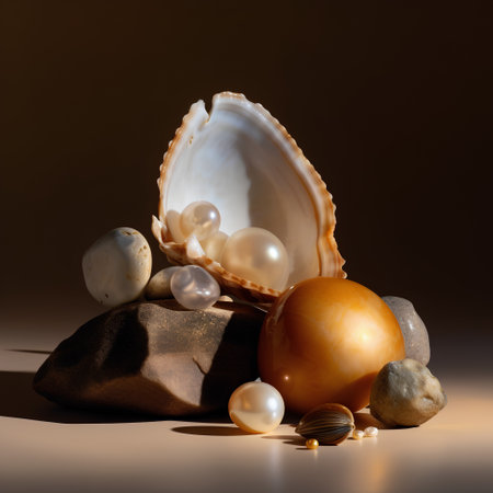 Beautiful still life with seashells and stones on dark backgroundの素材