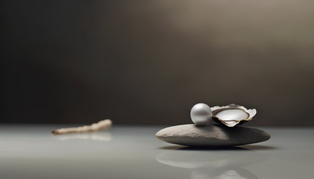 Seashells and pearl on grey background, 3d renderの素材