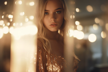 Portrait of a beautiful blonde girl in a gold dress. Fashion photo.の素材
