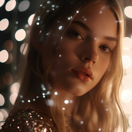 Portrait of beautiful young woman with Christmas lights in the background.の素材