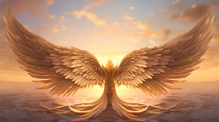 angel wings on sunset background. 3d illustration with golden wings.の素材